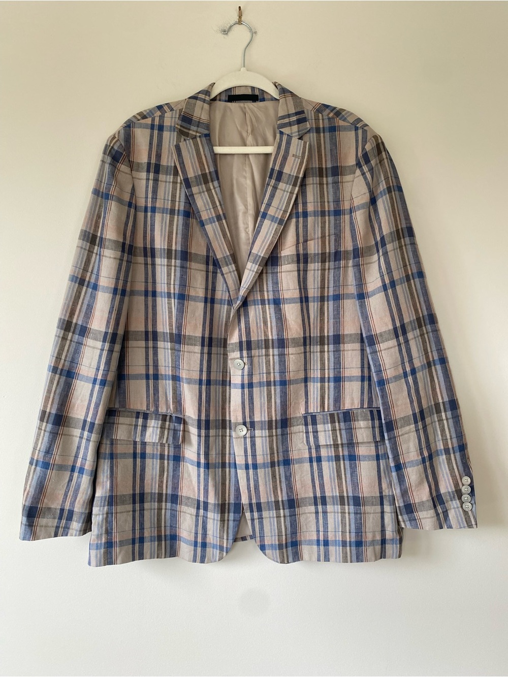 LRL Ralph Lauren Linen Sport Coats Mens 44L Tan Blue Plaid Flex Blazer $295